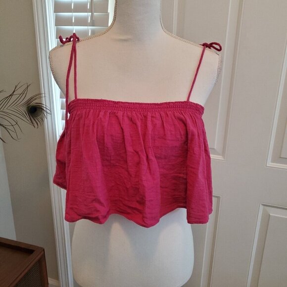 Free People Crop Top Small Magenta Pink Tie Shoulder‎ Woven Cotton Boho Festival - Picture 1 of 7